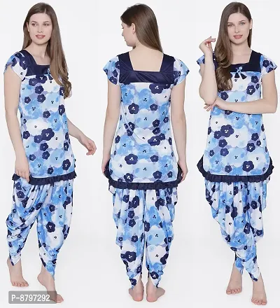 Beautiful Floral Print Satin Short Sleeve Top and Long Leg Dhoti Set For Women