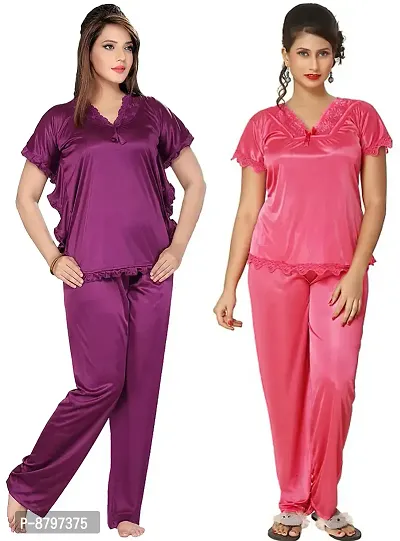 Stylish Solid Satin Top And Pyjama Set For Women Pack Of 2-thumb0