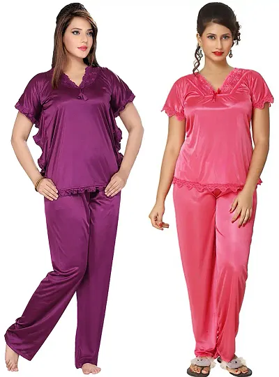 Stylish Solid Satin Top And Pyjama Set For Women Pack Of 2