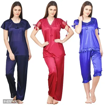 Beautiful Solid Satin Night Suit Set For Women Pack Of 3