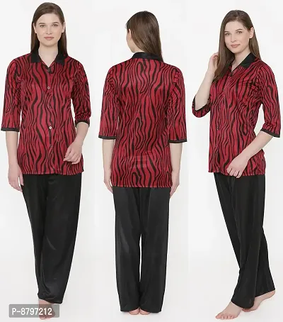 Beautiful Tiger Print Satin Button Up Shirt and Long Leg Pyjama Set For Women