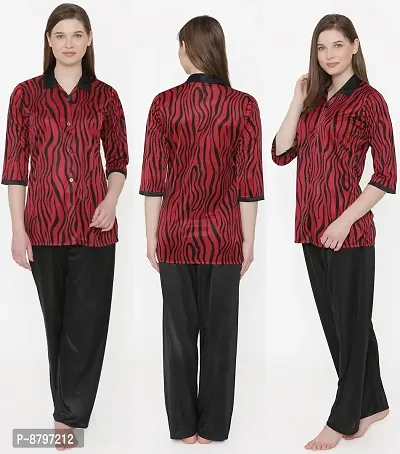 Beautiful Tiger Print Satin Button Up Shirt and Long Leg Pyjama Set For Women-thumb0