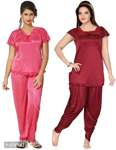 Beautiful Solid Satin Night Suit Set For Women Pack Of 2