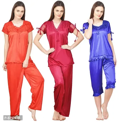 Beautiful Solid Satin Night Suit Set For Women Pack Of 3-thumb0