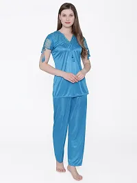 Silky Satin Top And Pyjama Set - Blue (Size - Free )-thumb2