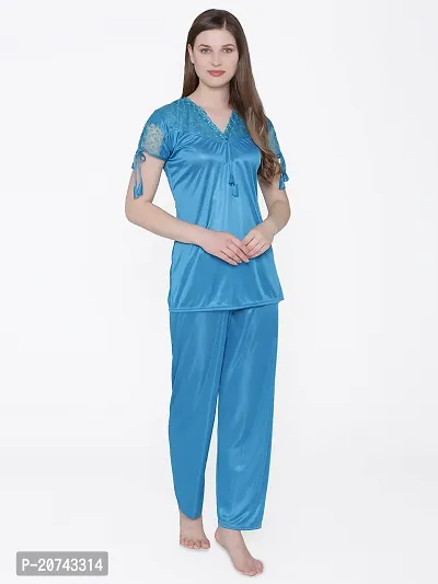 Silky Satin Top And Pyjama Set - Blue (Size - Free )-thumb3