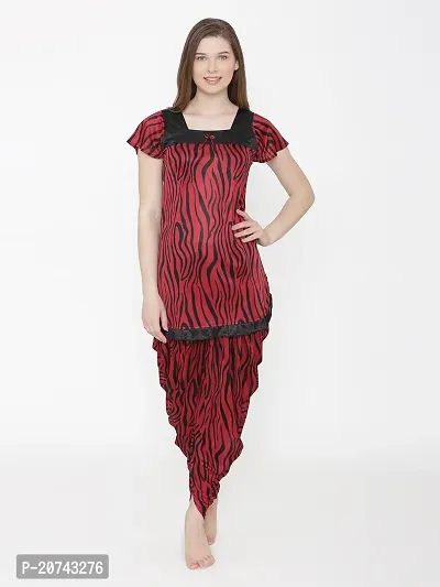 Tiger Print Satin Short Sleeve Top and Long Leg Dhoti Set - Maroon (Size - Free )-thumb2