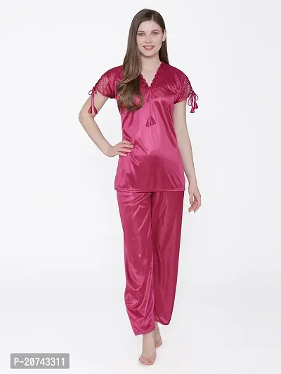 Silky Satin Top And Pyjama Set - Maroon (Size - Free )-thumb0