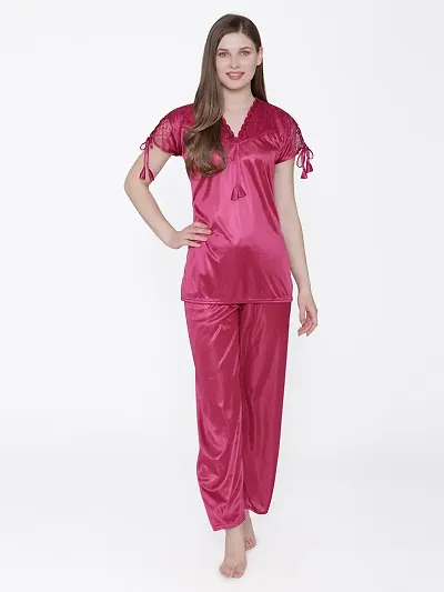 Silky Satin Top And Pyjama Set - (Size - Free )