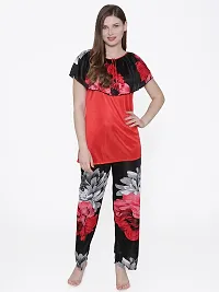 Floral Print Satin Top and Long Leg Pyjama Set - Red (Size - Free )-thumb3