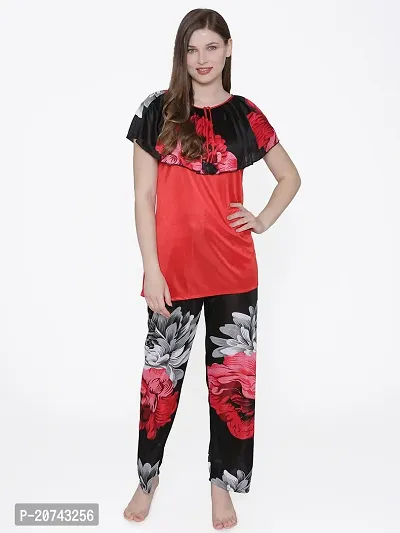 Floral Print Satin Top and Long Leg Pyjama Set - Red (Size - Free )-thumb4