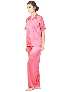 Silky Satin Top And Pyjama Set - Pink (Size - Free )-thumb2