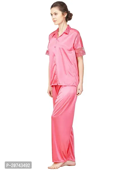 Silky Satin Top And Pyjama Set - Pink (Size - Free )-thumb3