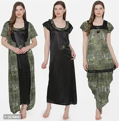 Leopard Print Satin Nighty, Robe, Top And Dhoti Set - Green (Size - Free )