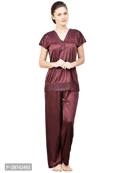 Silky Satin Top And Pyjama Set - Brown (Size - Free )-thumb0