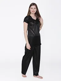 Silky Satin Top And Pyjama Set - Black (Size - Free )-thumb2