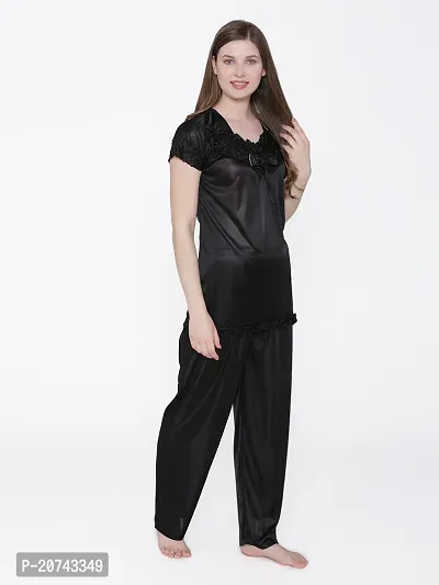 Silky Satin Top And Pyjama Set - Black (Size - Free )-thumb3