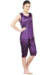 Silky Satin Top And Capri Set - Purple (Size - Free )-thumb1