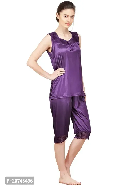 Silky Satin Top And Capri Set - Purple (Size - Free )-thumb2