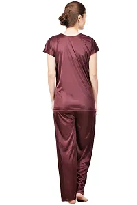 Silky Satin Top And Pyjama Set - Brown (Size - Free )-thumb3