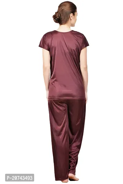 Silky Satin Top And Pyjama Set - Brown (Size - Free )-thumb4