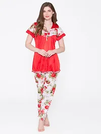 Floral Print Satin Top and Long Leg Pyjama Set - Red (Size - Free )-thumb1