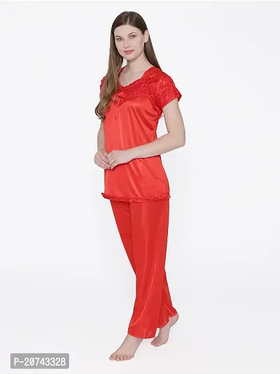 Silky Satin Top And Pyjama Set - Red (Size - Free )-thumb0