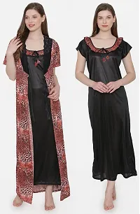 Leopard Print Satin Nighty and Robe Set - Red (Size - Free )-thumb2