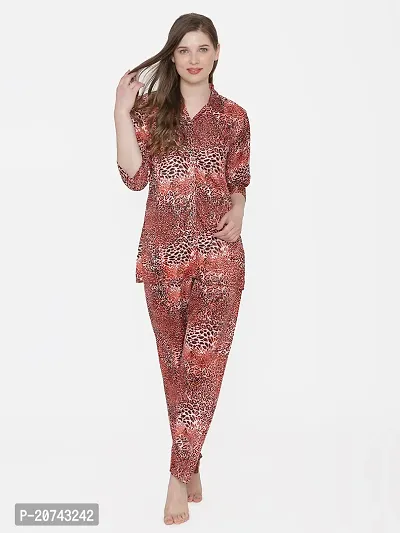 Leopard Print Satin Button Up Shirt and Long Leg Pyjama Set - Red (Size - Free )