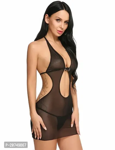 Solid Net Babydoll Dress -Black (Size - Free )-thumb3