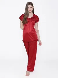 Silky Satin Top And Pyjama Set - Maroon (Size - Free )-thumb1