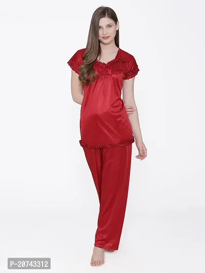 Silky Satin Top And Pyjama Set - Maroon (Size - Free )-thumb2