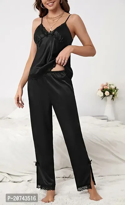 Satin Lace Black Solid Nightsuit