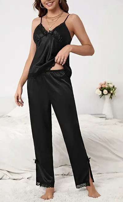 Satin Lace Solid Nightsuit For Women/Bralette Top Pajama Set