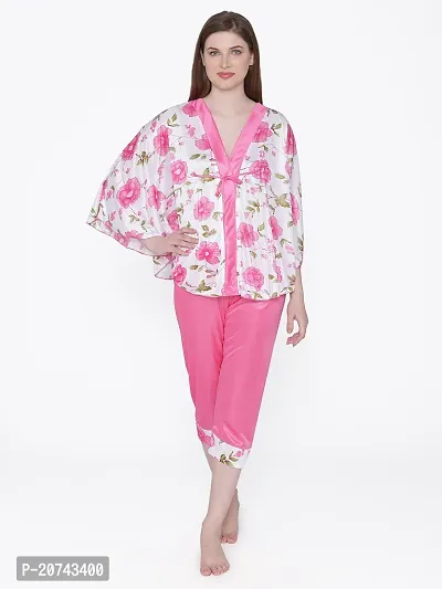 Floral Print Satin Kaftan and Capri Set - Pink (Size - Free )-thumb5