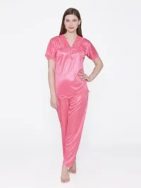 Silky Satin Top And Pyjama Set - Pink (Size - Free )-thumb1