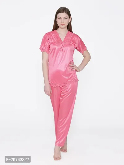 Silky Satin Top And Pyjama Set - Pink (Size - Free )-thumb2