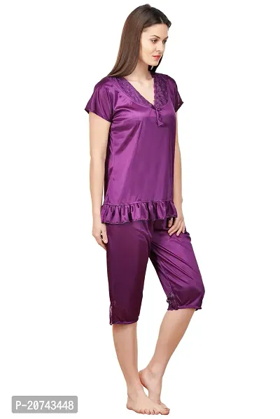 Silky Satin Top And Capri Set - Purple (Size - Free )-thumb2