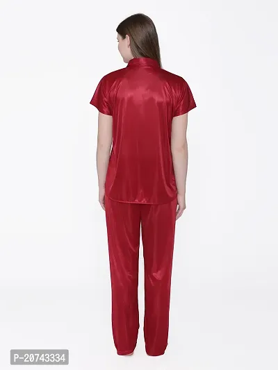 Silky Satin Top And Pyjama Set - Maroon (Size - Free )-thumb5