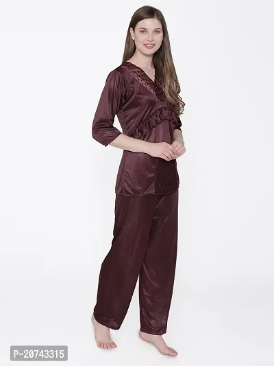 Silky Satin Top And Pyjama Set - Purple (Size - Free )-thumb3