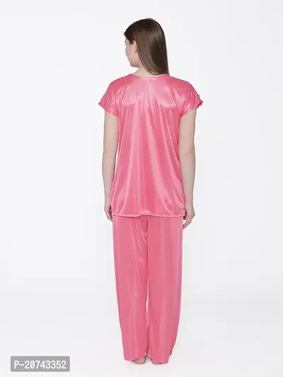 Silky Satin Top And Pyjama Set - Pink (Size - Free )-thumb5