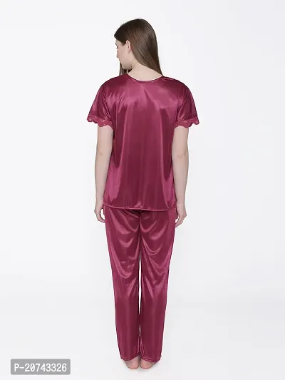 Silky Satin Top And Pyjama Set - Maroon (Size - Free )-thumb5