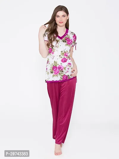 Floral Print Satin Top and Long Leg Pyjama Set - Maroon (Size - Free )