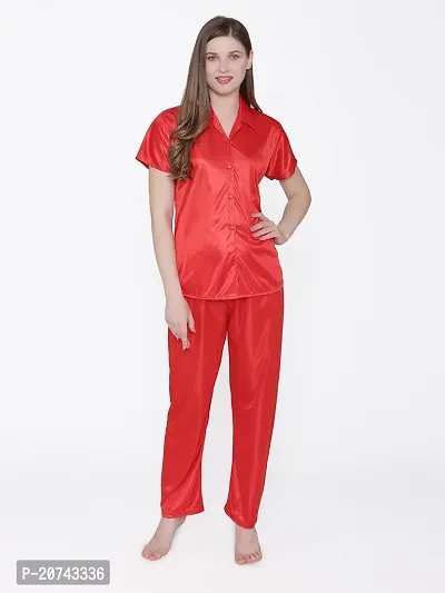 Silky Satin Top And Pyjama Set - Red (Size - Free )-thumb0