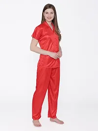 Silky Satin Top And Pyjama Set - Red (Size - Free )-thumb2