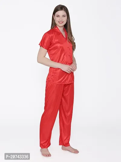 Silky Satin Top And Pyjama Set - Red (Size - Free )-thumb3