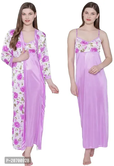 Floral Print Satin Nighty and Robe Set - Light Blue (Size - Free )