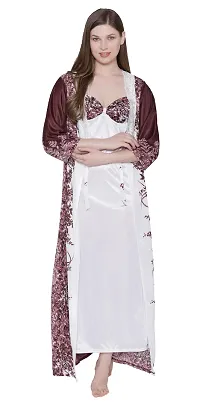 Floral Print Satin Nighty and Robe Set - Brown (Size - Free )-thumb3