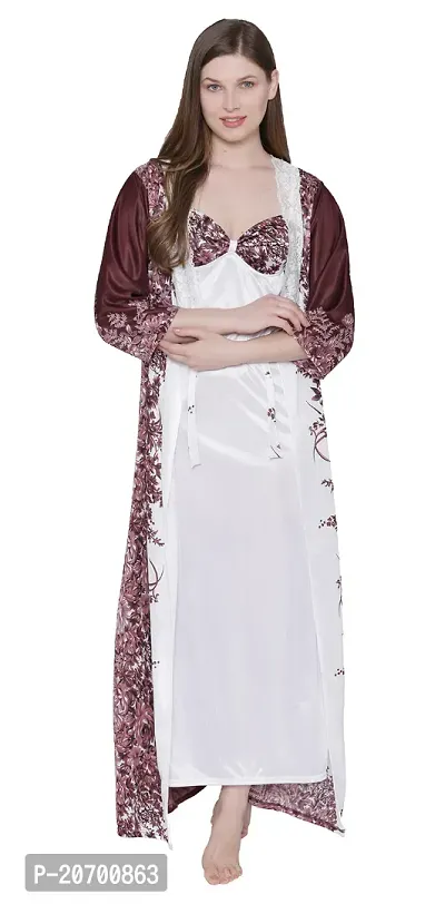 Floral Print Satin Nighty and Robe Set - Brown (Size - Free )-thumb4