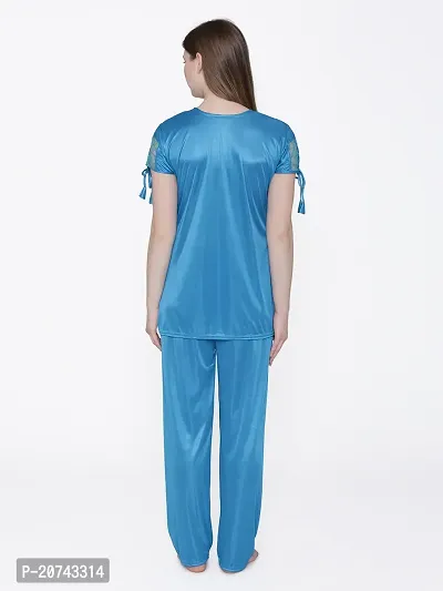 Silky Satin Top And Pyjama Set - Blue (Size - Free )-thumb5